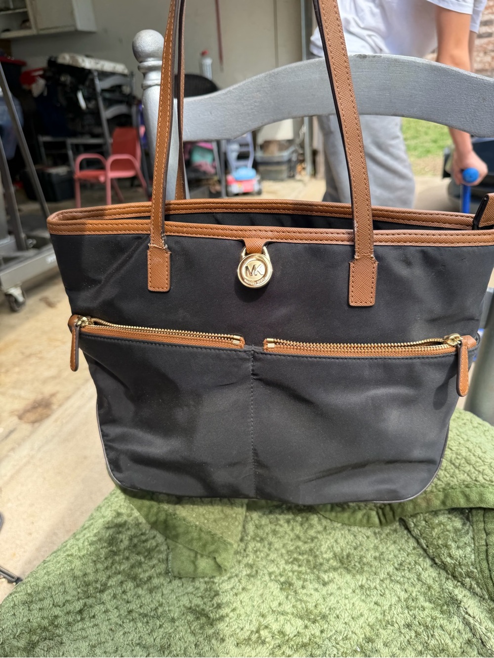 Michael Kors Black Tote with Brown Trim and Gold Hardware